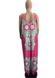 Plus Size Floral Print Pink V-Neck Sleeveless Cami Loose Jumpsuit