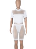 White Mesh Patchwork Midi Neck Short Sleeves Bobysuit and Shorts 2PCS Set