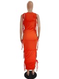 Plus Size Orange O-Neck Sleeveless Lace Up Maxi Pencil Dress