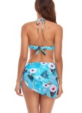 Floral Print Blue Cami Halter Bikini and Cover-Up Swimwear 3PCS Set