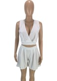 White V-Neck Sleeveless Crop Top and High Waist Pleated Shorts 2PCS Set