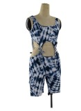 Print White Hollow Out Sleeveless Tank Jumpsuit