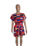Plus Size Plaid Print Red O-Neck Short Sleeves Belted Mini Skater Dress