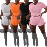 Pink Short Sleeve Hoody Top and High Waist Tight Shorts 2PCS Set