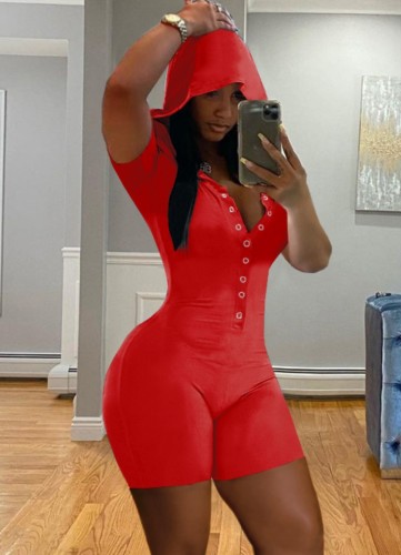 Red Short Sleeves Button Up Hoody Bodycon Rompers