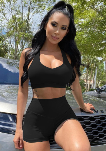 Black Sleeveless Tank Crop Top and High Waist Tight Short 2PCS Set