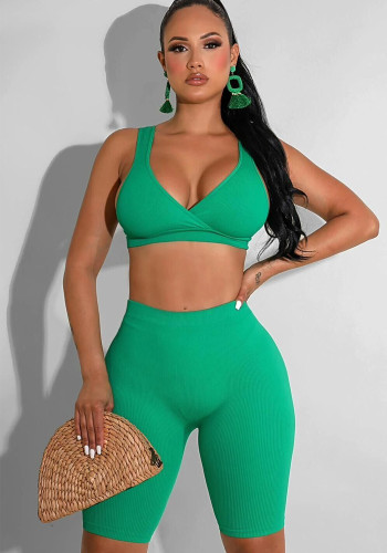 Green V-Neck Sleeveless Crop Top and High Waist Fitted Shorts 2PCS Set