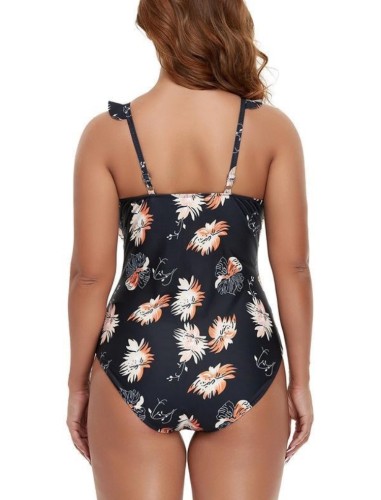 Plus Size Floral Print Black V-Neck Sleeveless Ruffle One Piece Swimwear