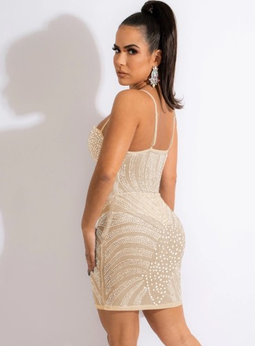 Nude Cami Sleeveless Rhinesonte Mini Dress
