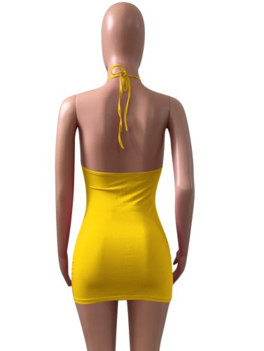 Yellow Cami Halter Sleeveless Keyhole Mini Bodycon Dress