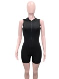 Black Ribbed Round Neck Sleeveless Zip Up Skinny Rompers