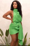 Green Silk Turtleneck Sleeveless Backless Shirring Mini Dress
