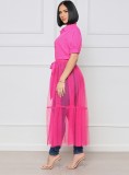 Pink Tulle Patchwork Button Short Sleeves Maxi Blouse Dress