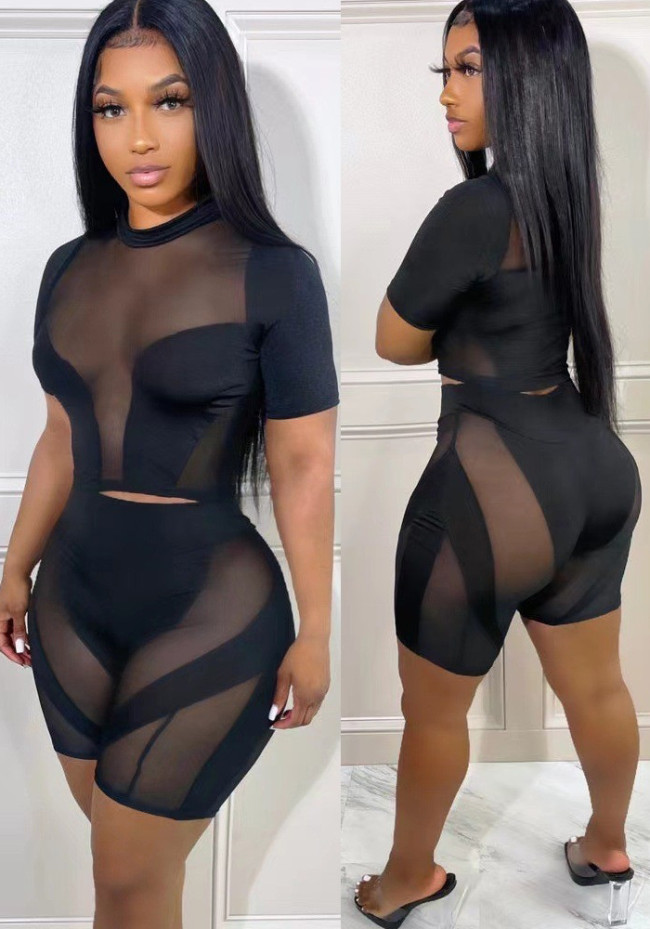 Black Mesh Patchwork Midi Neck Short Sleeves Top and Shorts 2PCS Set