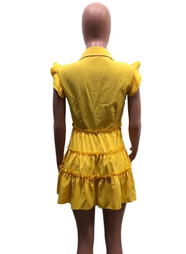 Yellow Turndown Collar Button Up Short Sleeves Ruffle Mini Dress