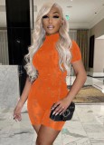 Orange Turtleneck Short Sleeves Hollow Out Slim Fit Rompers