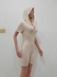 Nude Short Sleeves Button Up Hoody Bodycon Rompers