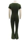 Green V-Neck Short Sleeves Bell Bottom Jumpsuit