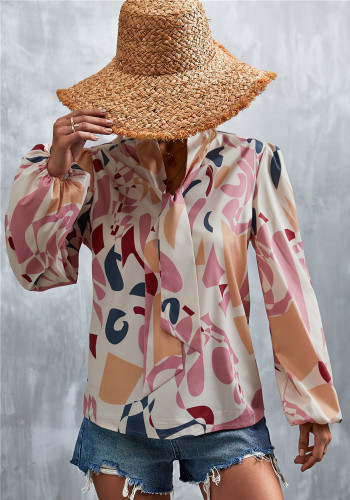 Geometric Print Pink Silk Knotted Lantern Sleeve Shirt