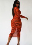 Print Red Chiffon O-Neck Long Sleeves Long Dress