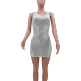 White Sequin Square Neck Sleeveless Mini Vest Dress