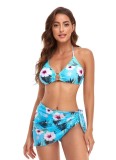 Floral Print Blue Cami Halter Bikini and Cover-Up Swimwear 3PCS Set