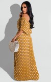 Dot Print Yellow Off Shoulder Short Sleeves Loose Maxi Dress