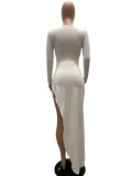 White Keyhole O-Neck Long Sleeves High Slit Maxi Dress