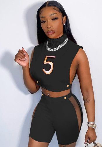 Black Number Print Turtleneck Sleeveless Crop Top and Shorts 2PCS Set