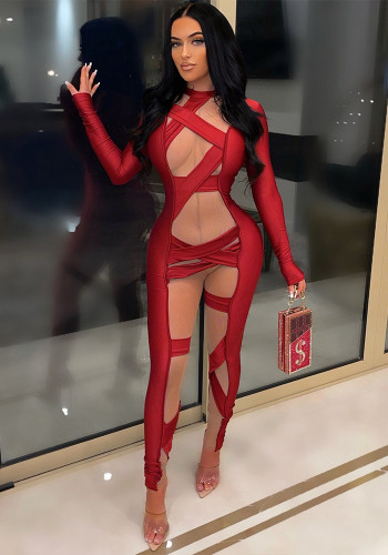 Red Mesh Patchwork Round Neck Long Sleeves Bodycon Jumpsuit