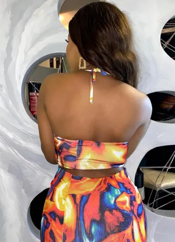 Print Orange Cami Halter Sleeveless Hollow Out Mini Dress