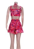 Floral Print Pink Cami Sleeveless Ruffle Crop Top and Shorts 2PCS Set