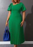 Green V-Neck Short Sleeves Ruffle Long Pleated Dress