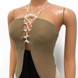 Nude Mesh Lace Up Halter Sleeveless Color Block Bodycon Jumpsuit