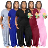 Plus Size Burgunry Button Up O-Neck Short Sleeves Loose Jumpsuit with Pocket