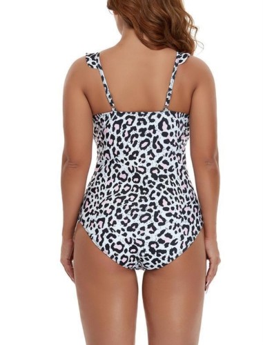 Plus Size Leopard Print White V-Neck Sleeveless Ruffle One Piece Swimwear