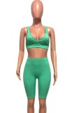 Green V-Neck Sleeveless Crop Top and High Waist Fitted Shorts 2PCS Set