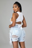 Lt-Blue Straight High Waist Zip Fly Ripped Tassel Jeans Shorts