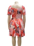 Plus Size Leaf Print Pink Short Sleeves Crop Top and Ruffle Skirt 2PCS Set