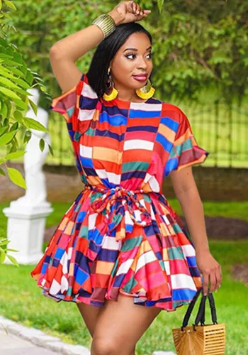 Plus Size Plaid Print Red O-Neck Short Sleeves Belted Mini Skater Dress