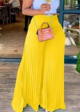 Yellow High Waist Elastic Waist Wide Leg Pleated Pants