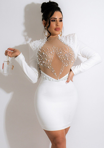 White Pearl Rhinestone Turtleneck Long Sleeves Backless Mini Dress