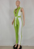Green Stand Collar Color Block Sleeveless Drawstring Jumpsuit