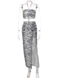 Zebra Print White Halter Sleeveless Crop Top and Slit Maxi Skirt 2PCS Set