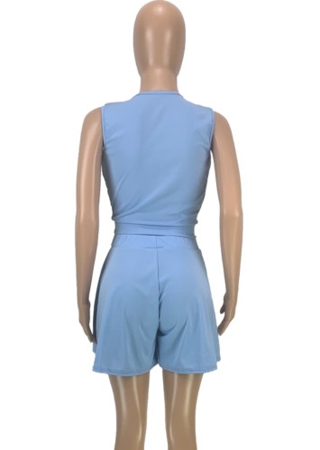Blue V-Neck Sleeveless Crop Top and High Waist Pleated Shorts 2PCS Set