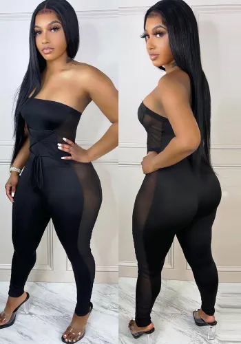 Black Mesh Patchwork Strapless Sleeveless Slim Fit Jumpsuit
