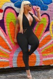 Black Deep-V Sleeveless Hollow Out Halter Bodycon Jumpsuit