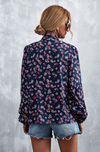 Floral Print Dk-Purple Silk Knotted Lantern Sleeve Shirt