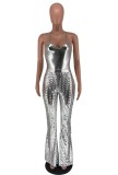 Silver Metallic Cami Bodysuit and Hollow Out Flare Pants 2PCS Set