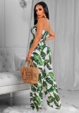 Green Leaf Print White Strapless Elasticated Jumpsuit with Belt